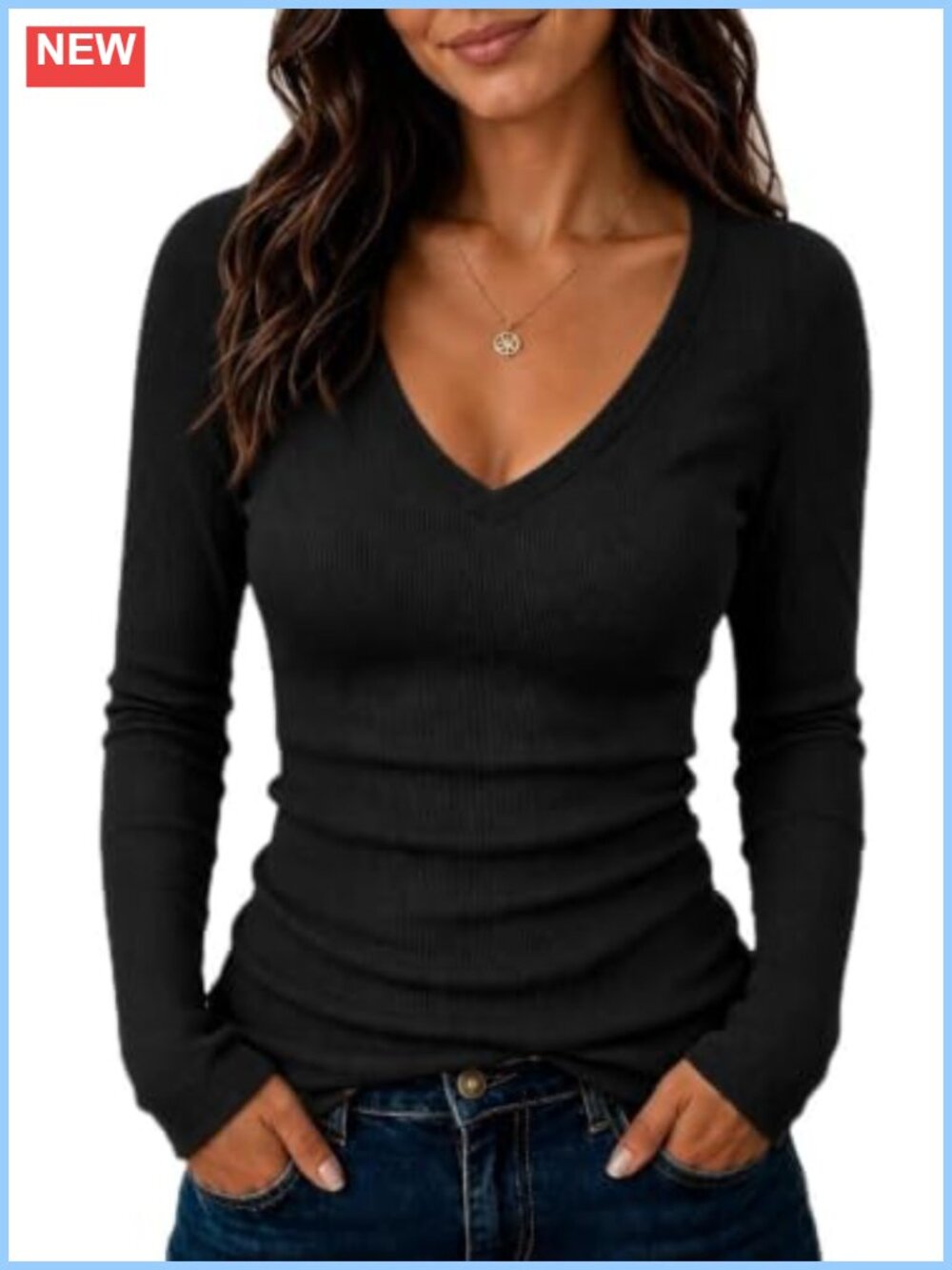 Women Long Sleeve V Neck Ribbed Knit Slim Fit Business Casual Work Top Fall
